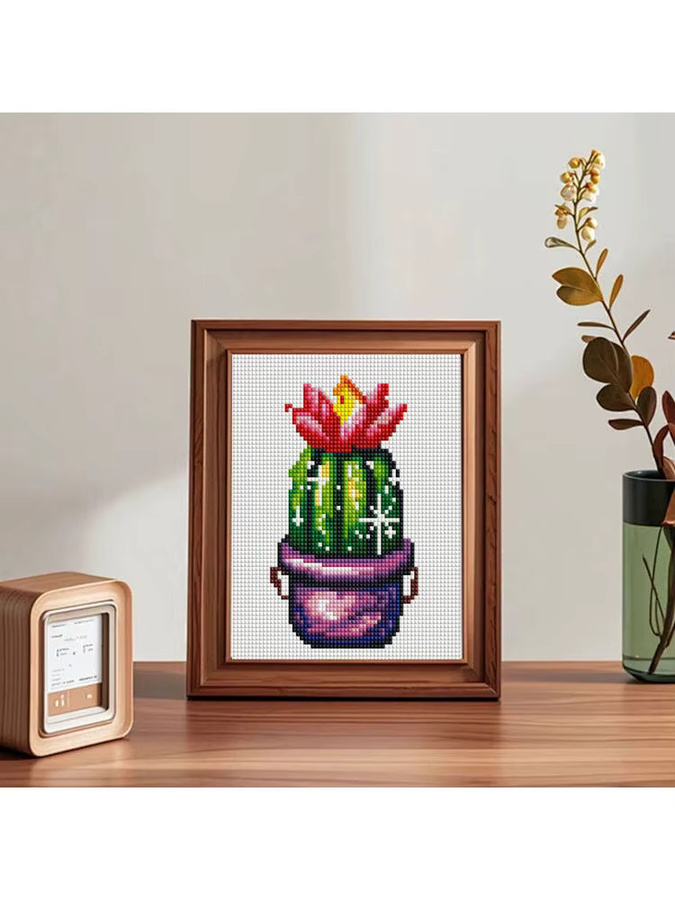 Huacan 12-teiliges Diamant-Malerei Set Kaktus Cartoon-Baum Motiv in Mehrfarbig mit runden Steinen für deine handgefertigte Heimdekoration - Bild 3