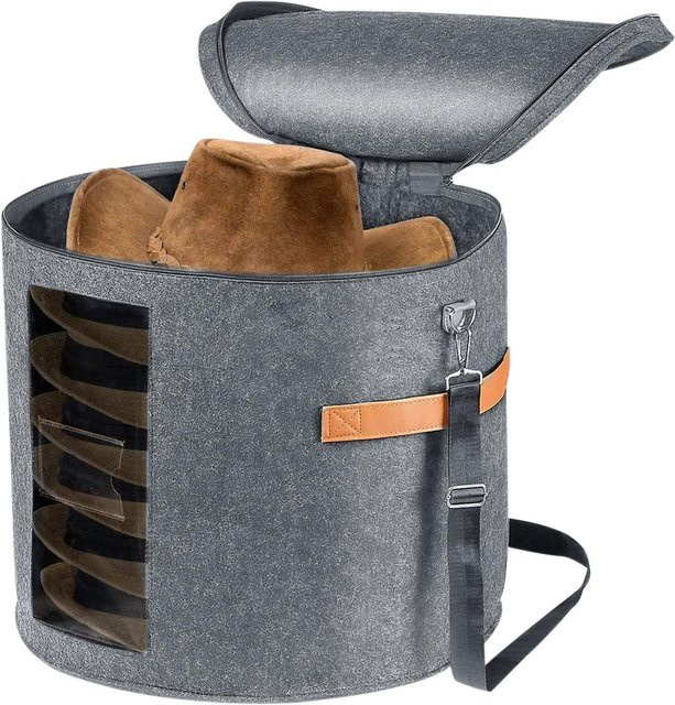 Binchi Hut-Aufbewahrungsbox aus Filz mit Reißverschlussdeckel, runde und faltbare Hutbox in Grau, transparent, Durchmesser: 48 cm, Höhe: 43 cm - Bild 1