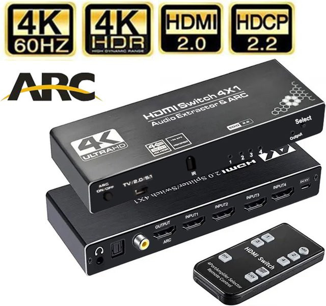 VBDWRM HDMI-Switch mit Audio-Extraktor 4-in-1, 4K 60Hz, HDMI 2.0, HDR und HDCP, Schwarz - Bild 1