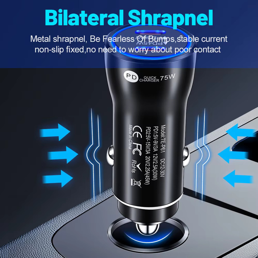 75W USB C Autoladegerät mit Dual Ports Typ C Schnellladeadapter in Schwarz für iPhone, Xiaomi und Samsung - Bild 4