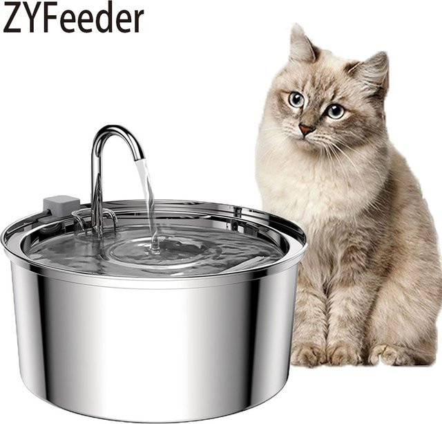 ZYfeeder Automatischer Trinkbrunnen aus Edelstahl für Katzen und Hunde, Silber, USB-elektrisch mit Geräuschlos-Funktion und Filtersystem - Bild 1