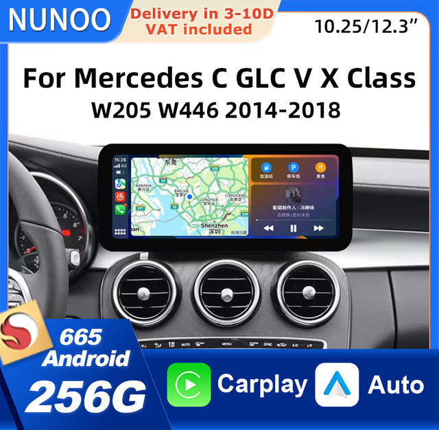 NUNOO Kabelloser CarPlay und Android Auto Multimedia-Bildschirm für Mercedes Benz C-Klasse W205 in Schwarz mit Wi-Fi und Bluetooth - Bild 1