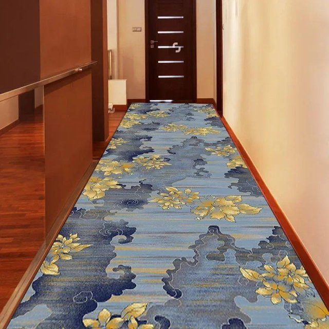 Super Six Jacquard-Läufer für Flur und Wohnzimmer, Blau/Gold, rutschfest, B: 80 cm, L: 300 cm - Bild 1