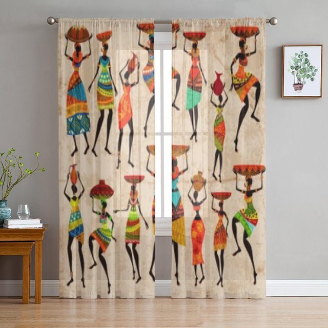 Super Six Transparenter Chiffon-Tüllvorhang mit afrikanischem Frauen-Motiv in Braun, B: 135 cm, H: 114 cm - Bild 1
