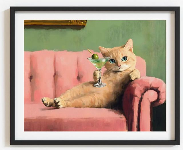 Retro Wandkunst SHENCHEN mit orangefarbener Katze und Martini als Vintage Ölgemälde-Druck für deine Bar-Dekoration - Bild 1