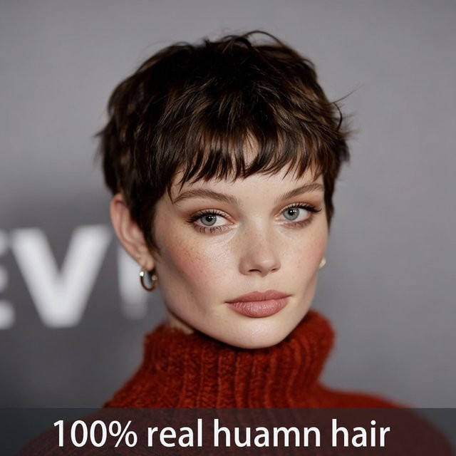 OYM HAIR Pixie-Cut Echthaar-Perücke, Dunkelbraun, mit Pony, Damen - Bild 1