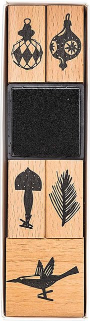 Rico Design Paper Poetry Stempelset Nostalgic Christmas Baumschmuck in Schwarz mit Stempelkissen und Holzstempel - Bild 1