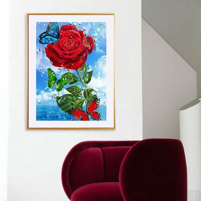 FIYO Diamant-Gemälde mit Blumen, Rosen und Schmetterlingen in Blau, B/H: 30 x 20 cm - Bild 1