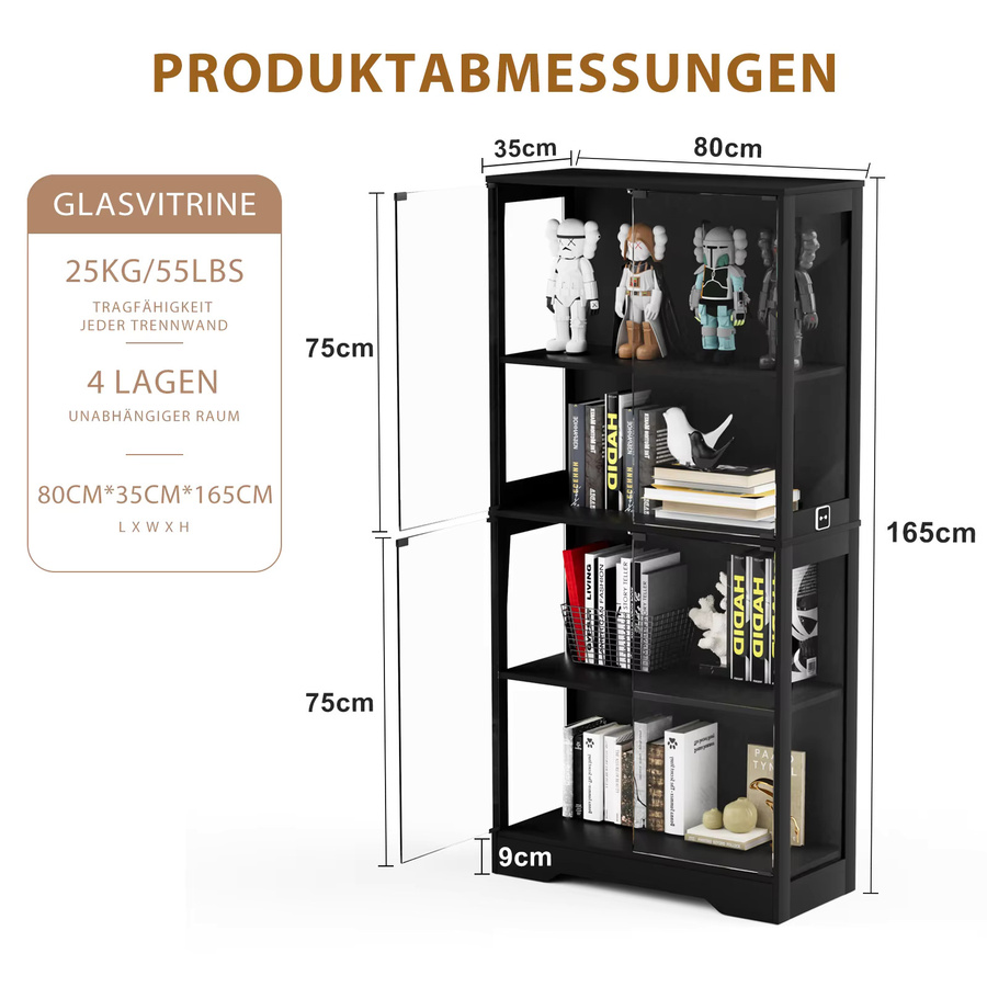 Comanlai Glasvitrine mit LED-Beleuchtung und Sensorschalter, staubdichter Glasschrank mit Glastüren in Schwarz oder Weiß - Bild 4