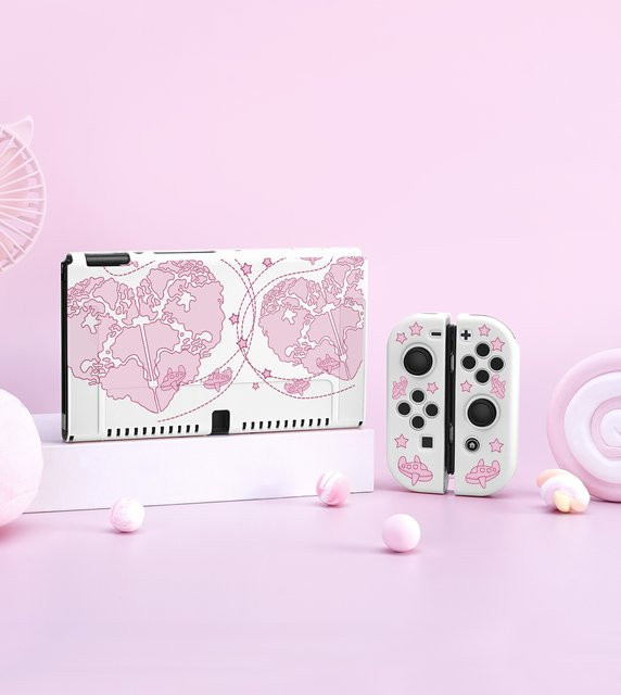Nintendo Switch OLED Zubehör Set mit Kartenetui, trennbaren Joy-Con Handschuhen und Schalterabdeckung in Weiß und Pink - Bild 1