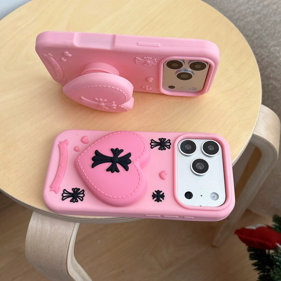 ZHUOHUAN Gothic Y2K Handyhülle mit ausziehbarem Standfuß für iPhone 15 14 13 16 17 Pro Max Plus in Pink, stoßfeste Silikon Schutzhülle mit Kreuz-Herz Design - Bild 3