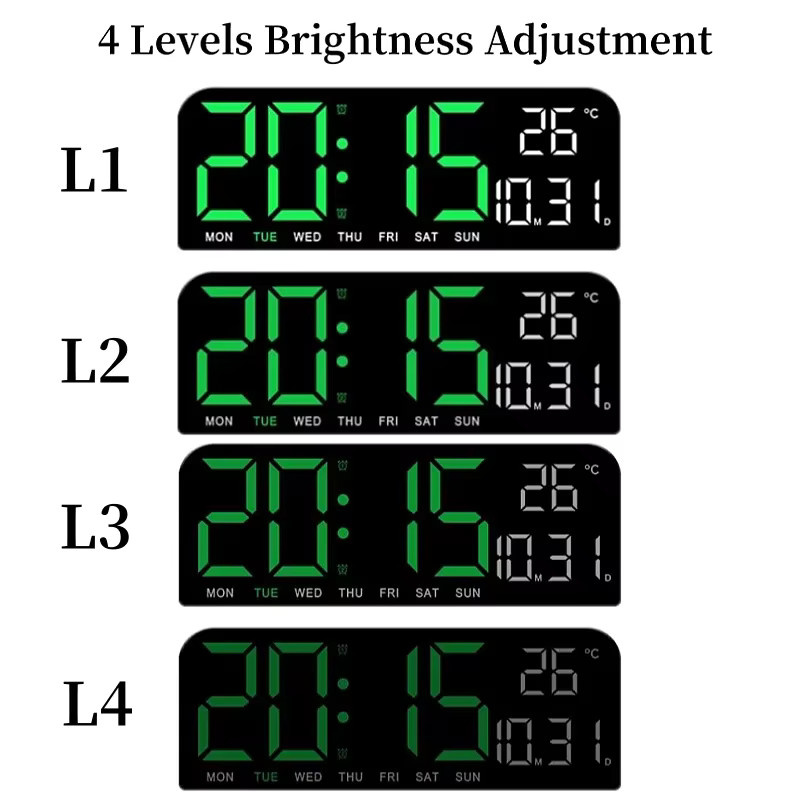 NieNie Digitale LED Wanduhr 9 Zoll in Schwarz mit Temperatur, Datum, Timer und automatischem Dimmer, USB-betrieben - Bild 4