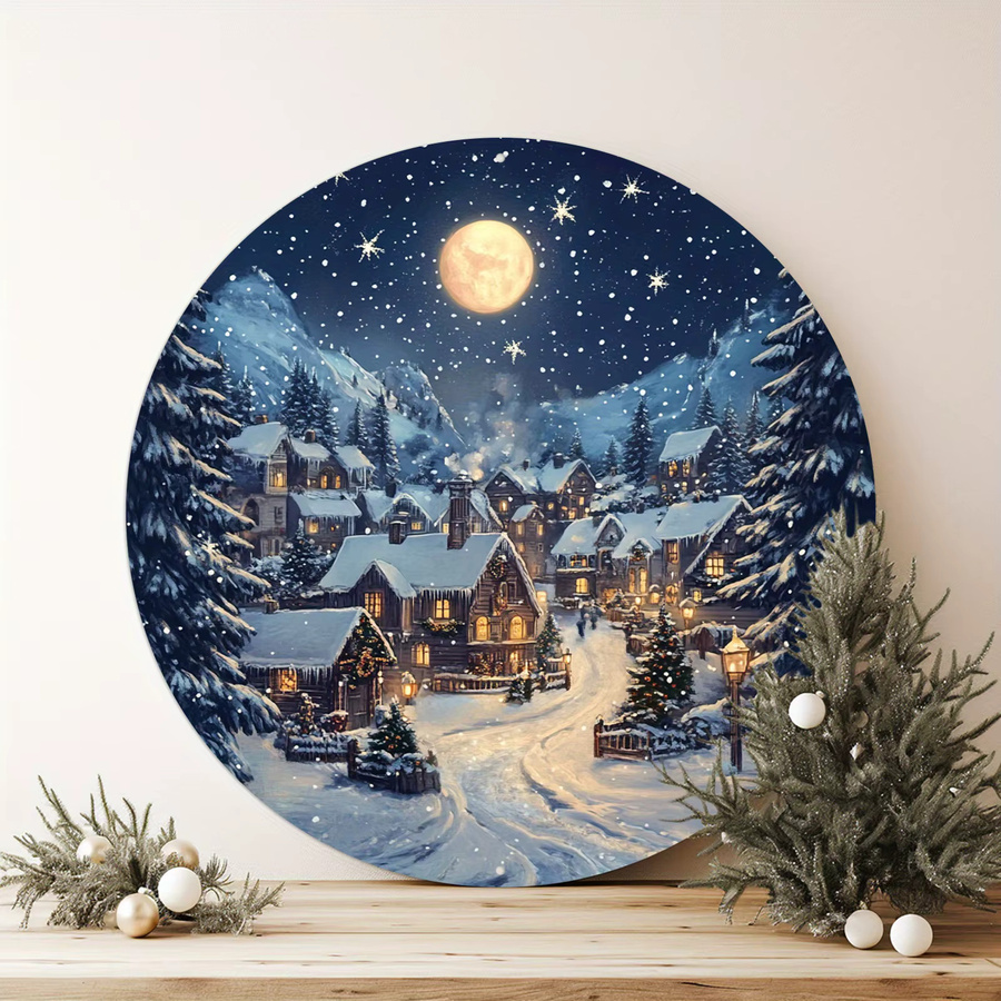 Potdemiel Vintage Rundes Metallschild Winternacht Schnee Dorf Szene Wandbehang Mehrfarbig Durchmesser: 20,32 cm - Bild 6