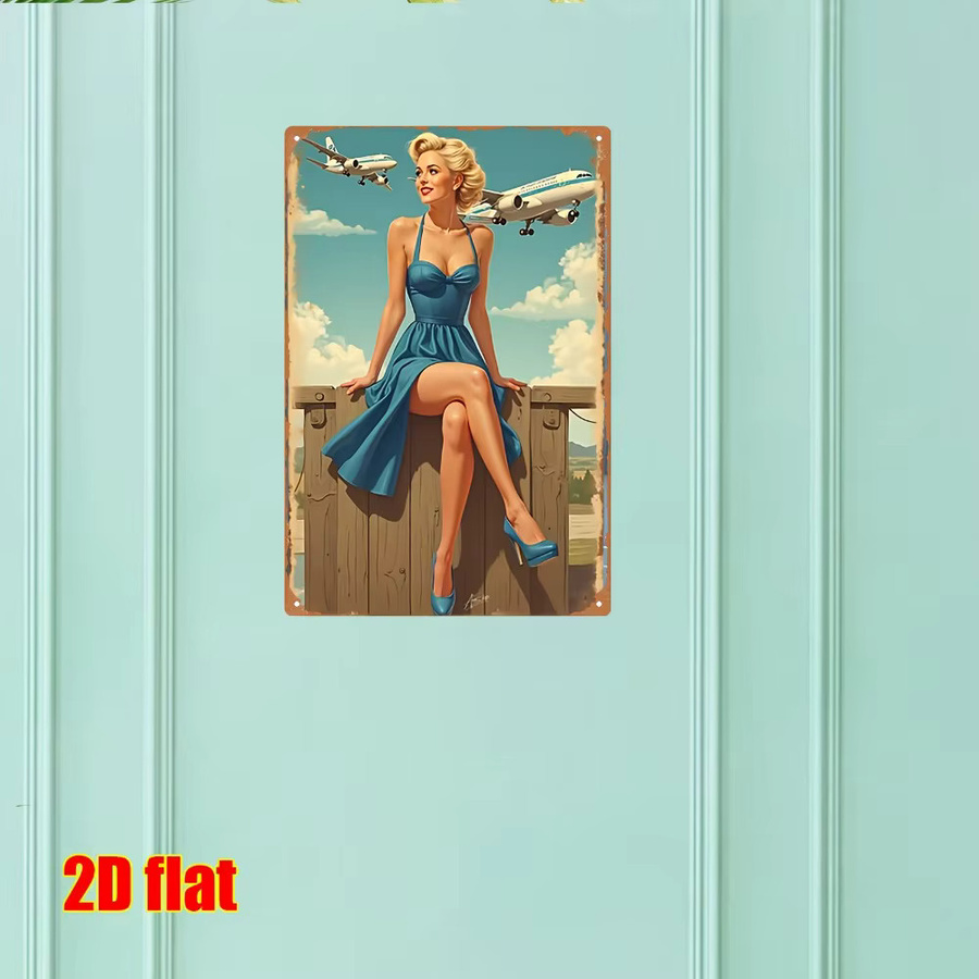 Vintage Metallschild CIFBUY mit Flugzeug und Pin-up Girl als Retro Wandkunst, Mehrfarbig, B: 30 cm, H: 20 cm - Bild 2