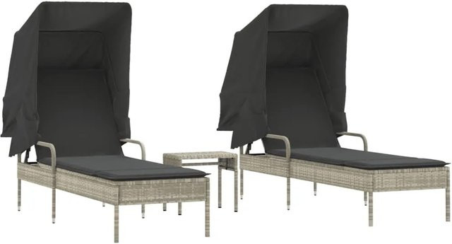 vidaXL Sonnenliegen Set aus 2 Stück in Hellgrau mit Sonnendach, Tisch und verstellbarer Kopfstütze aus Polyrattan - Bild 1