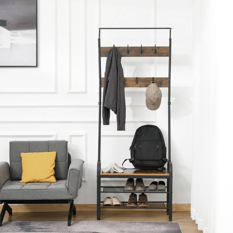 HOMCOM Garderobenständer im Retro-Design mit 8 Haken und Sitzbank, Schwarz, B/T/H: 72 x 34 x 185 cm - Bild 2