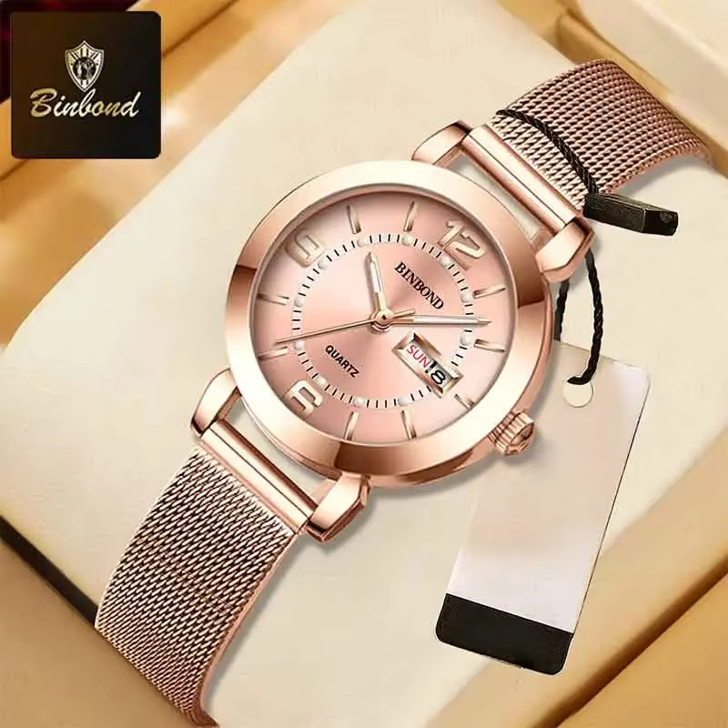 BINBOND Armbanduhr Damen, Quarz, Roségold, Milanaise, Pink, Datum - Bild 2
