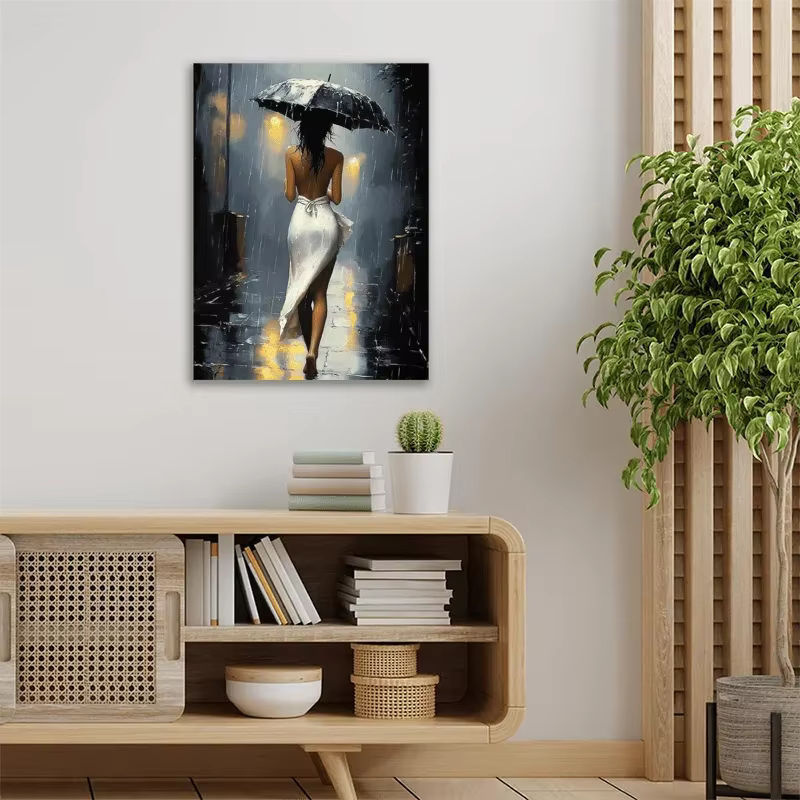 Potdemiel Leinwandkunst Romantische Regennacht mit Rahmen, mehrfarbige Stadt-Straßenszene als Wanddekoration im Hochformat - Bild 2