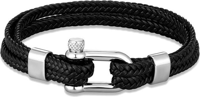 Armband, marineblaues Leder, geflochten, Edelstahl, 23 cm, Unisex - Bild 1