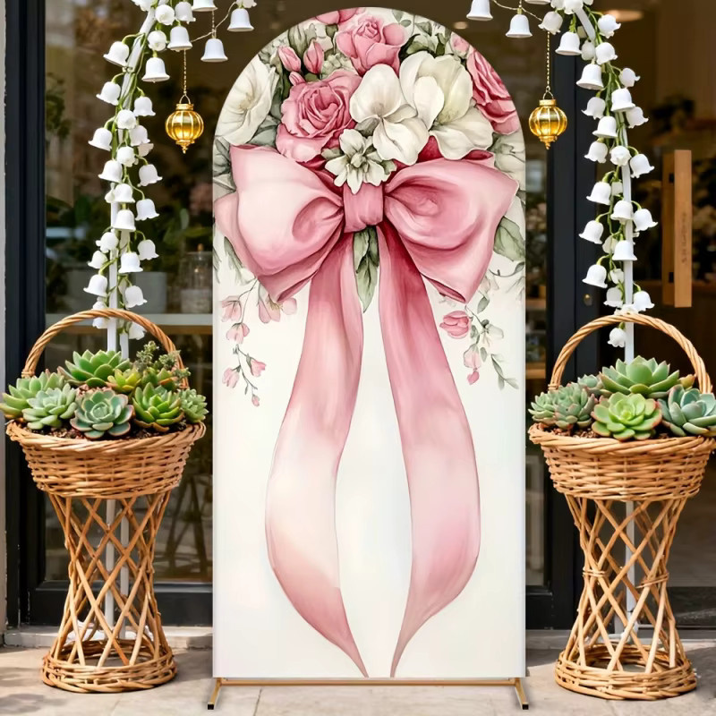 VIKAMA Hintergrundstoff mit rosa Blumen und Schleifen im Shabby Chic Design für Kindergeburtstage und Hochzeiten, Breite: 120 cm, Höhe: 50 cm - Bild 2