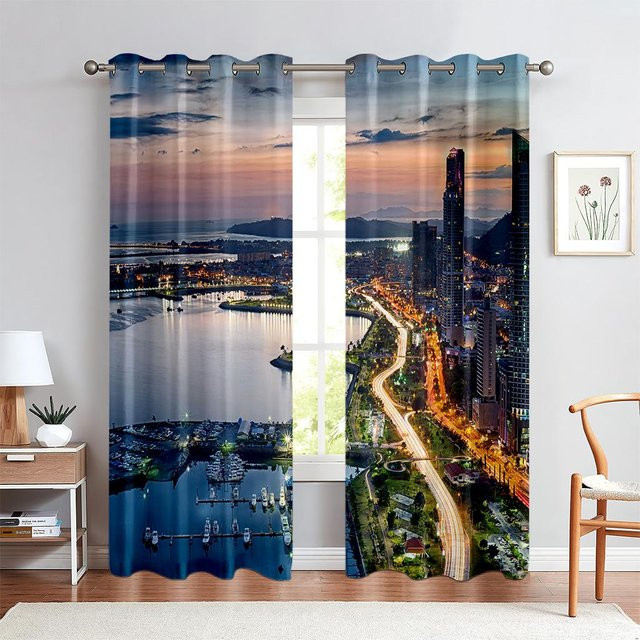 Yiran Furniture Vorhänge im Industriestil mit Stadtgebäude-Motiv, Schwarzweiß, 2er-Set, Breite: 50 cm, Höhe: 130 cm - Bild 1