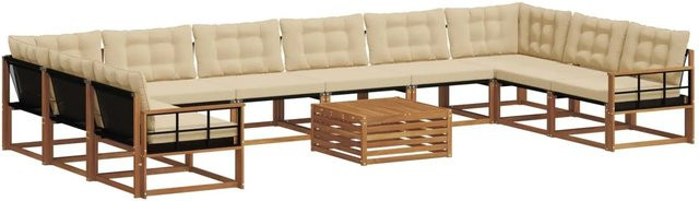 vidaXL Outdoor-Sofagarnitur aus Akazienholz in U-Form mit Textilene-Bezug und Kissen, 11-teilig, Natur und Beige - Bild 1