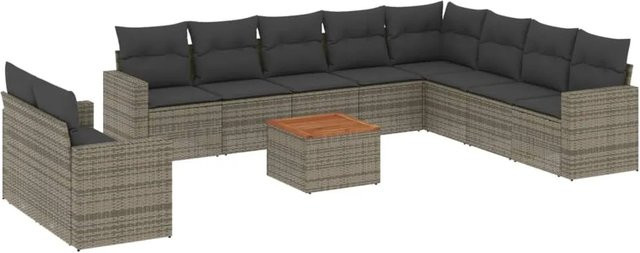 vidaXL 11-teilige Garten-Sofagarnitur aus Poly-Rattan und Akazienholz in Grau mit Kissen - Bild 1