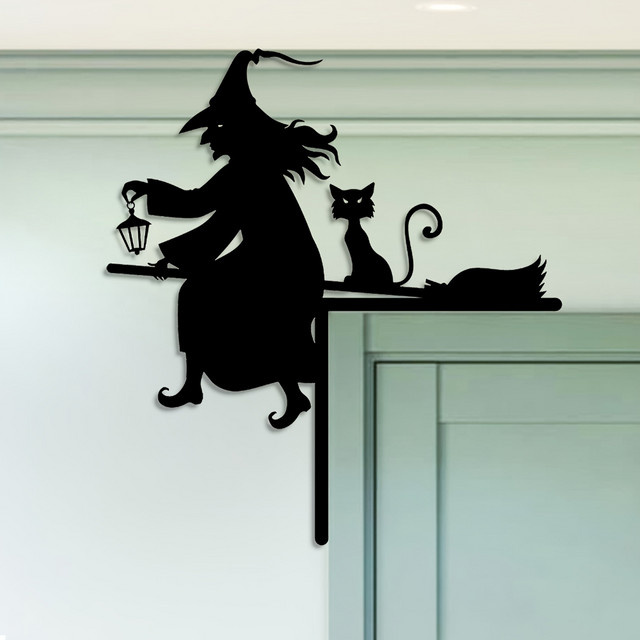 HELLOYOUNG Halloween Dekoration Hexe und Katze Silhouette aus Eisen in Schwarz - Bild 1