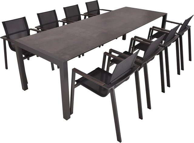 DELUKE Garten-Sitzgruppe HAUKE 9-teiliges Gartenmöbel-Set in Schwarz mit ausziehbarem Esstisch und Stapelstühlen aus Kunststoff und Aluminium - Bild 1