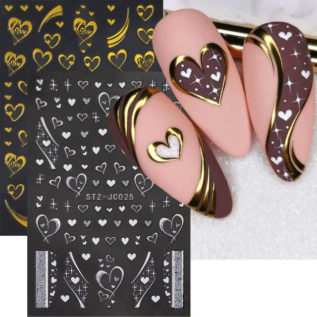 Full Beauty Nail Art Aufkleber, Herz, Gold Silber, Metallic, 2 Stück - Bild 1