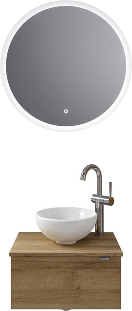 Pelipal Badmöbel-Set Serie 6915 Riviera Eiche mit Keramik Aufsatzbecken, Waschtischunterschrank und Funktionsspiegel mit LED-Beleuchtung und Sensor-Schalter, Breite: 70 cm - Bild 1