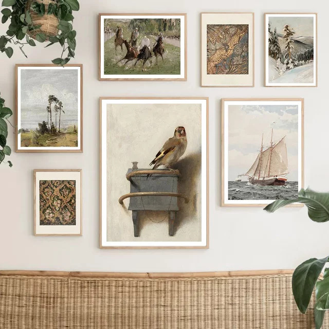 Potdemiel Vintage Tapisserie Goldfinch Abstrakte Landschaft Wandkunst Leinwandmalerei Multicolour - Bild 1