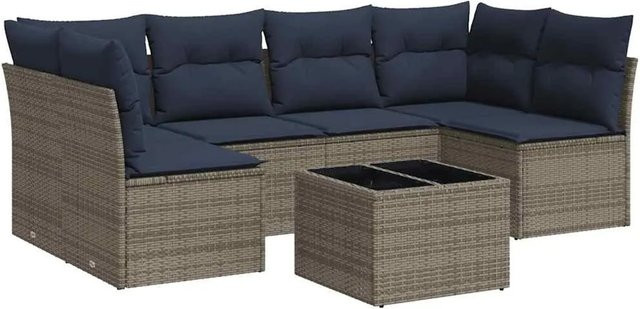 vidaXL 7-teilige Garten-Sofagarnitur in L-Form aus grauem Poly-Rattan mit Tisch und Kissen - Bild 1