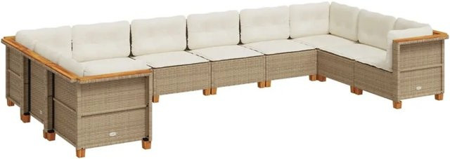 vidaXL 10-teilige Garten-Sofagarnitur in U-Form aus PE-Rattan und Akazienholz mit Kissen in Beige und Cremeweiß - Bild 1