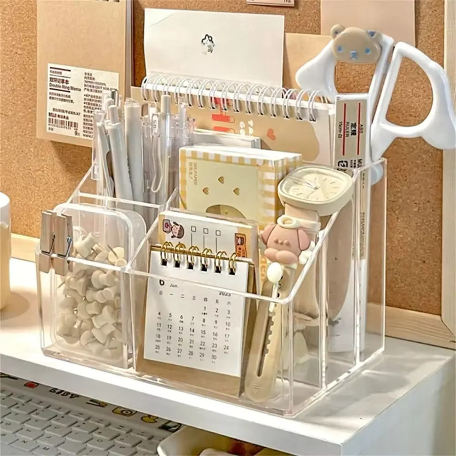 Transparenter Schreibtisch-Stifthalter aus Acryl mit 5 Fächern als Schreibwaren- und Kosmetik-Organizer in Grau - Bild 1