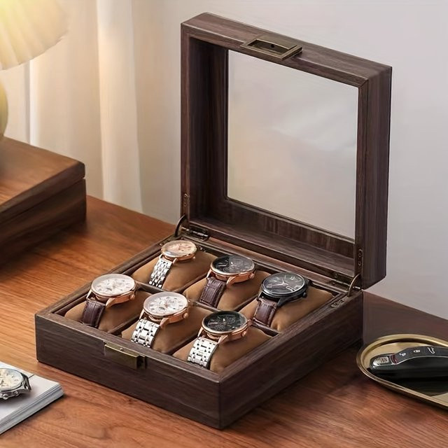 Staubdichte Uhren-Aufbewahrungsbox aus braunem PU-Leder und Kunststoff, B/T/H: 20,5 x 8,5 x 10 cm - Bild 1