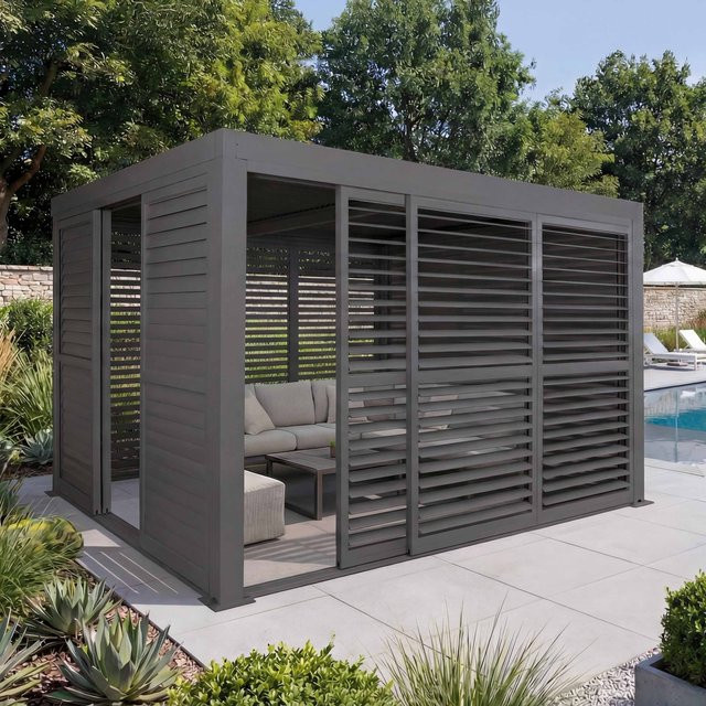 Alu Pergola MCW-L46 Terrassenüberdachung mit 6 Lamellenpaneelen und 6 Schiebetüren in Anthrazit, B/T: 300 x 300 cm - Bild 1