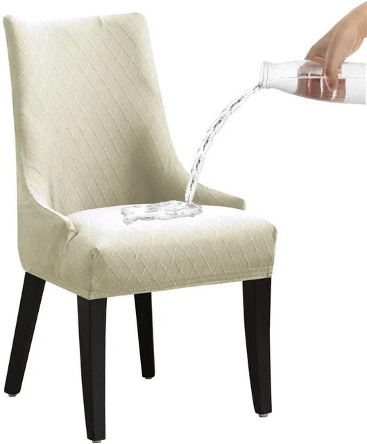 4-teiliges Set wasserabweisende Stuhlbezüge aus Stretch-Spandex in Beige mit kariertem Jacquard-Muster für Esszimmer und Bankett - Bild 1