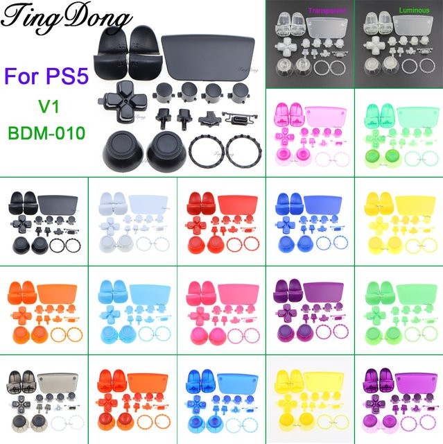 TingDong Komplettes Tastenset für PS5 V1 1.0 BDM-010 Controller in Schwarz mit Daumensticks, Kappen, Akzentringen und Tasten - Bild 1