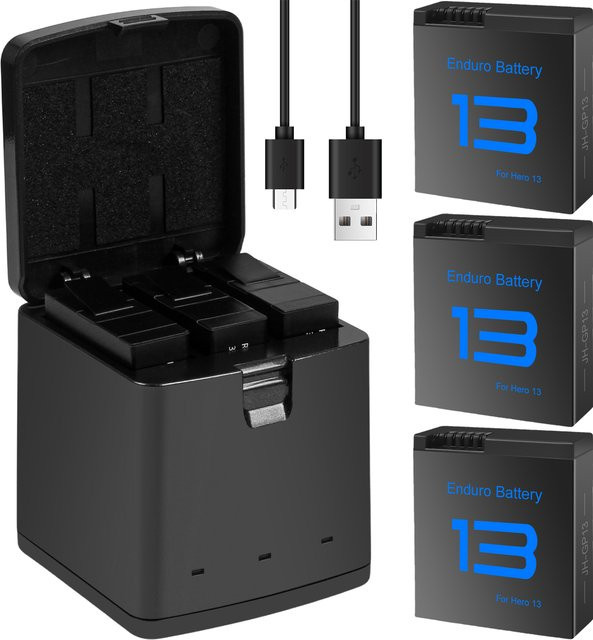 GoPro Hero 13 Akku-Set mit 2100mAh Li-Ion Akkupack, 3-Slot-Ladegerät und Aufbewahrungsbox in Schwarz - Bild 1