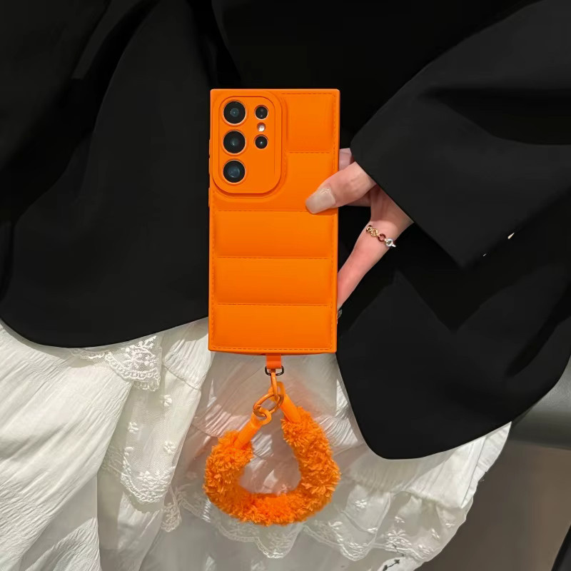 Orangefarbene Silikon-Handyhülle im Daunenjacken-Design für Samsung Galaxy S26 S25 S24 S23 Ultra S22 Plus S21 FE A17 A07 A16 A56 A36 mit Handschlaufe - Bild 3