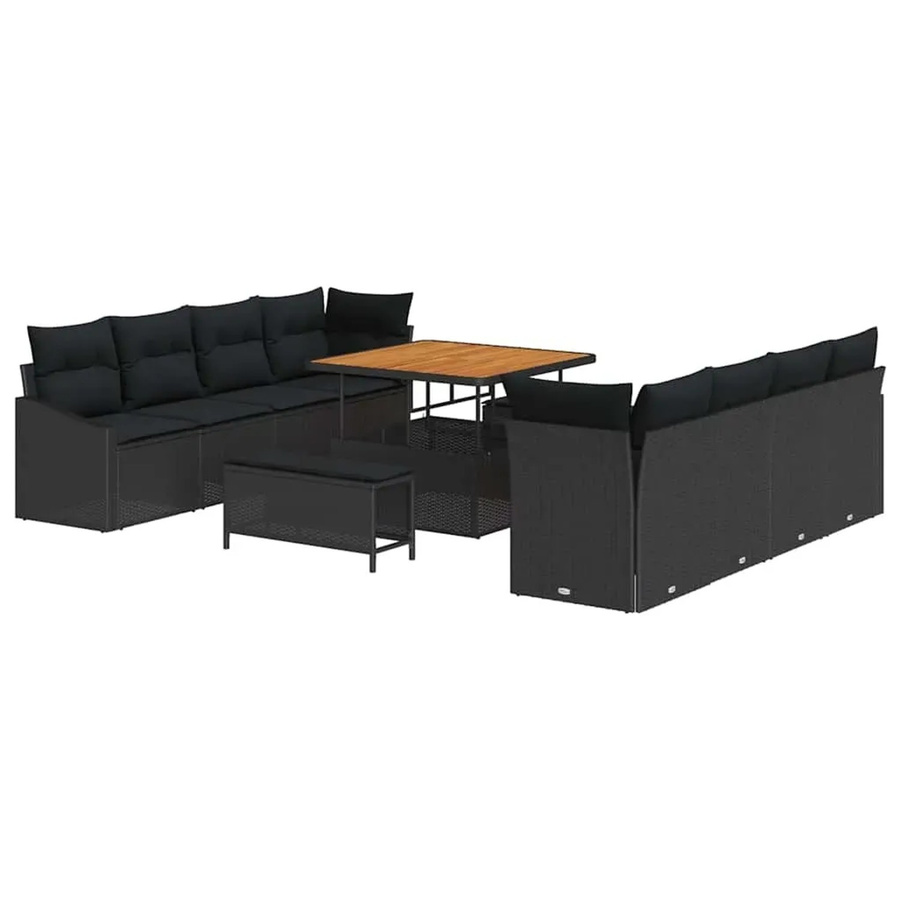 vidaXL 11-teiliges Garten-Sofaset in U-Form aus schwarzem Poly-Rattan und Akazie mit Kissen und abnehmbaren Bezügen - Bild 2