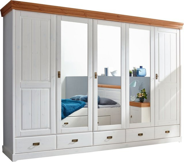 Kleiderschrank Skagen aus massiver Kiefer mit 5 Türen, integrierten Schubladen und Spiegel, Farbe Braun/Weiß, Landhausstil - Bild 1