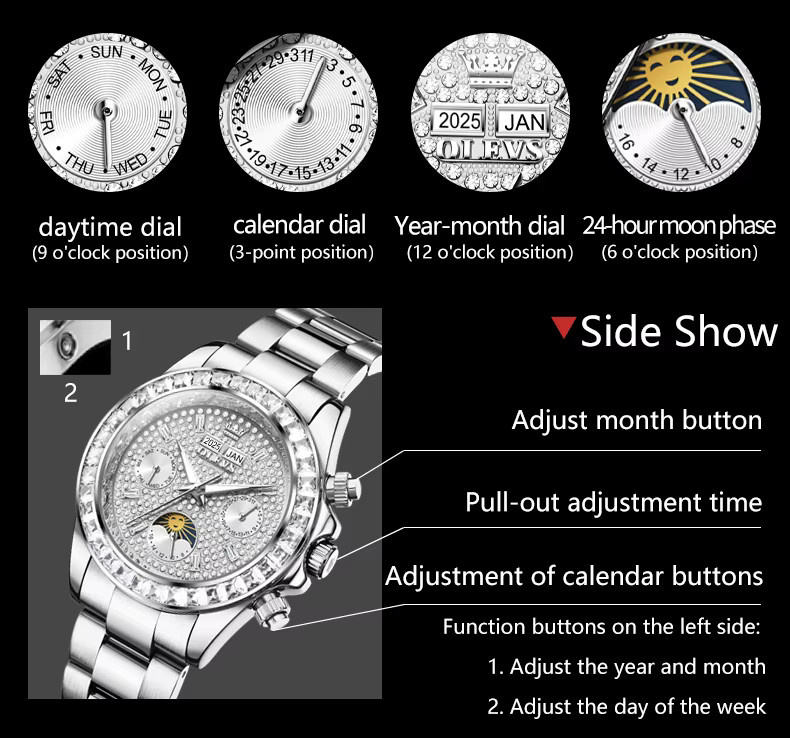 OLEVS Armbanduhr, Automatik, Gold, Edelstahl, Diamant, Mondphase, Herren - Bild 4