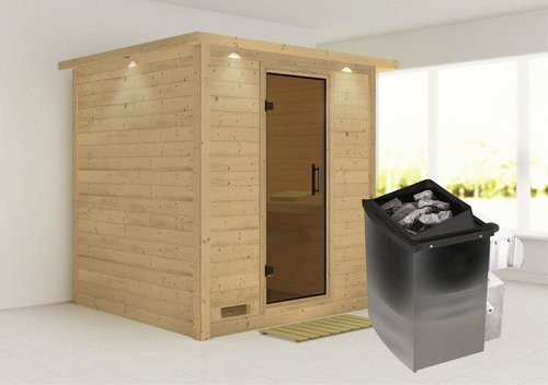 Karibu Sauna Sindi aus Fichtenholz mit 9 kW Saunaofen und integrierter Steuerung für 4 Personen, Farbe: beige, B/T/H: 198,0 x 212,0 x 221,0 cm - Bild 1