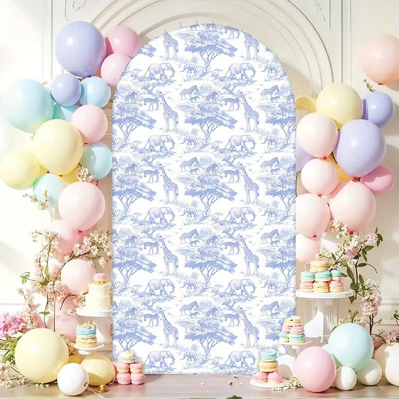 VIKAMA Wanddekor Dschungel Tier Bogen Hintergrund in Blau und Weiß für Kinderzimmer und Fotografie Studios B: 150 cm, H: 65 cm, T: 65 cm - Bild 2