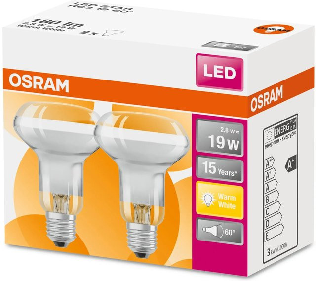 Osram LED-Leuchtmittel E27 Reflektor 2er Set, warmweiß, 2,6 W, Höhe: 10,2 cm, Durchmesser: 6,3 cm - Bild 1