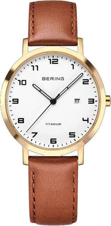 Bering Damenuhr, Titan, Quarz, 34 mm, Leder, Weiß, 5 ATM