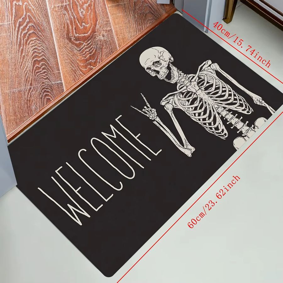 VIKAMA Halloween Bodenmatte mit Schädel-Motiv und Welcome-Schriftzug in Schwarz für Innen und Außen - Bild 4