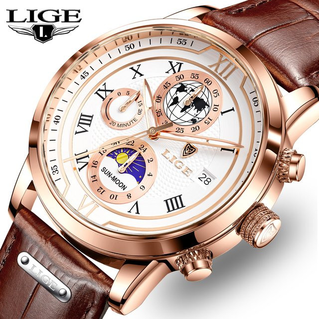LIGE Armbanduhr Chronograph, Quarz, Edelstahl, Leder, Herren - Bild 1